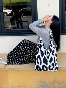 Borsa da donna Vintage con motivo leopardato in maglia all'uncinetto con Design a colori a contrasto di grande capacità per Shopping Bag nuovo autunno inverno - Product Image 5