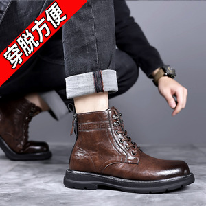 Bottes Martin pour hommes, à bout rond, en cuir, à lacets, semelle extérieure en caoutchouc antidérapante, style décontracté d'automne - Product Image 5