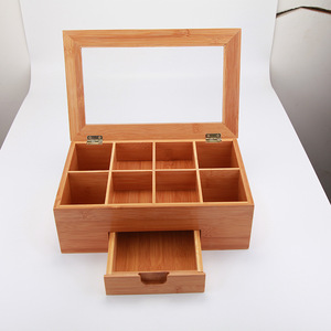 Bamboo <b>Tea</b> Storage <b>Box</b> With Glass Lid 33.1x21x10cm Divided Compartments Drawer For Desktop Home Use - Product Image 4