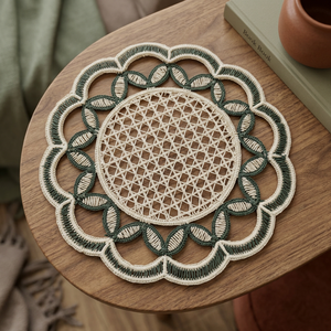 Handmade <b>Round</b> Macrame <b>Placemat</b> Geometric Pattern Bohemian Style Beige Gray Cotton Reusable Home Decor 35cm Diameter - Product Image 1
