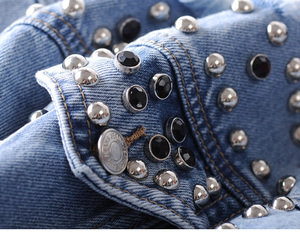 Rivets Personnalisés Grande Taille Vintage Femmes Bleu Denim Déchiré Jeans Crop Jackets - Product Image 6