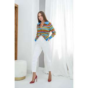 Cardigan tricoté bleu pour femme, décontracté, couleur bonbon, rayé, anti-boulochage, à manches longues - Product Image 3