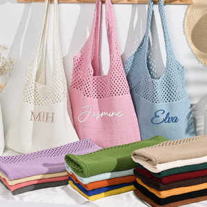 Borse Tote da Spiaggia in Rete di Poliestere Ricamate Personalizzabili per Regali di <span class=keywords><strong>Viaggio</strong></span>, da Donna, per Weekend Estivi, Stile Fresco e Dolce con Lettere - Product Image 4