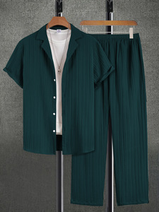 Ensemble d'été décontracté pour <span class=keywords><strong>homme</strong></span> : Chemise boutonnée à manches courtes côtelée 100 % polyester avec col de costume et pantalon long de couleur unie – <span class=keywords><strong>Style</strong></span> urbain - Product Image 6