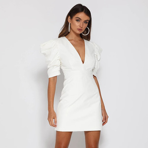Elegante Abito da <span class=keywords><strong>Donna</strong></span> Sexy con Schiena Scoperta, Scollo a V, Maniche a Principessa con Bottoni, Vestito Aderente Bianco Casual per Ufficio - Product Image 5
