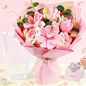Ramo de flores de lana tejido a mano, rosas rosadas, flores artificiales para regalo del Día de San Valentín, decoración. - Product Image 1