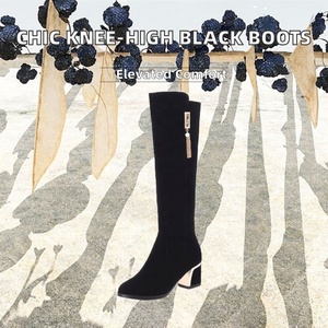 New Women's Autumn/Winter Knee-High Boots with ZIP Closure and PU <b>Insole</b> Thick Stiletto Heel Black - Product Image 2