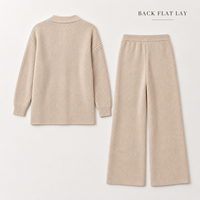 Ensemble 2 pièces en tricot côtelé pour femme, cardigan à col en V avec boutons et poches, et pantalon large assorti pour la détente à la maison