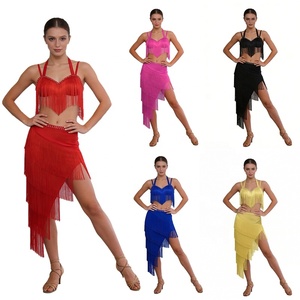 Traje de Baile Latino con Flecos de Pedrería para Mujer, Dos Piezas, Top Halter, Falda Asimétrica con Volantes, para Samba, Rumba, Competición, Personalizado - Product Image 1