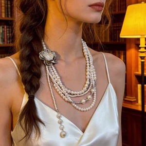 Collier chaîne superposé vintage en argent avec fleurs et perles d'imitation, bijoux de mode pour femme - Product Image 5