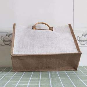 Bolsa de Yute Retro de Moda, Bolsa de Compras de Lona con Asas de Madera de Ratán, Bolsas de Regalo con Logotipo Personalizado - Product Image 3