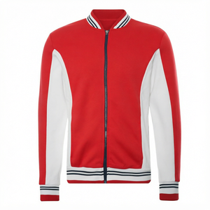 Blouson universitaire homme rouge et blanc avec fermeture éclair, col montant, vêtement d'extérieur décontracté, doublure en fausse fourrure, coupe-vent, écologique, à capuche - Product Image 1