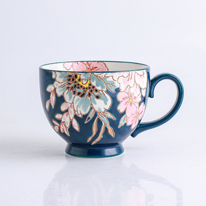 Tazas de cerámica de 15oz con esmalte brillante de colores, tazas para capuchino, tazas para americano, tazas para sopa con diseño floral hecho a mano y color bajo esmalte - Product Image 1