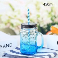 500ml Mason Jar Tasses avec Poignées, Bouteille en Verre Jus Boisson Bouteille d'Eau Claire Avec Couvercle Paille Drinkware Tasse