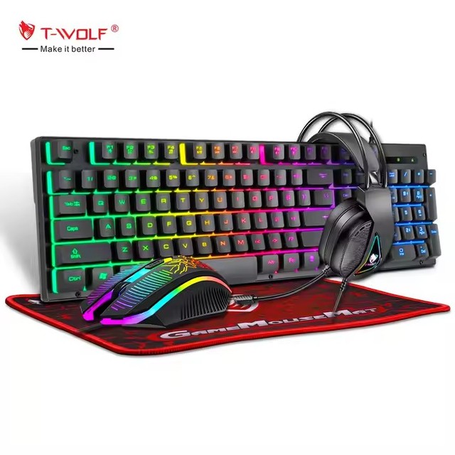 T-WOLF TF400 4IN1 Wired Gaming Keyboard Mouse Headphone Pad Kit Set RGB Rgb for PC Gamers Portable Keyboard Mouse Combos