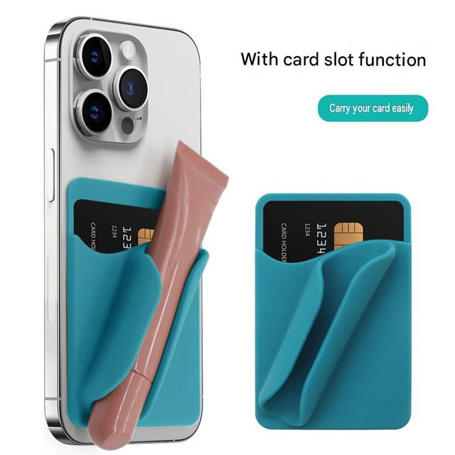 Self Adhesive Silicone Phone Card Holder Dual Pocket Phone Back Wallet Sticker Lipstick Storage Pocket for Smartphone Back Cover