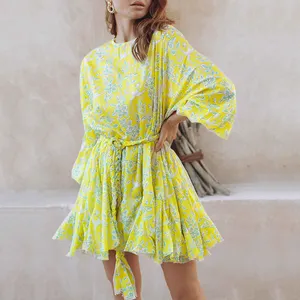 Custom Print Dress Floral Print Vintage Elegant A-line Mini Dress Boho Beach Holiday Long Sleeve Dress