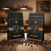 Sachet à fond plat en plastique noir mat imprimé en héliogravure avec fermeture éclair pour emballage personnalisé de café en grains Stali Blend 250g