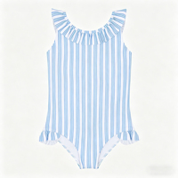 Traje de Baño de Una Pieza para Niñas Pequeñas, Rojo y Blanco a Rayas, Espalda Descubierta, con Volantes, UPF 50+