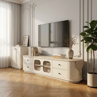 Ensemble table basse et meuble TV vintage en noyer écologique avec rangement en verre cannelé cintré, style rétro français, pour salon et chambre
