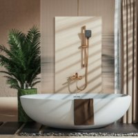 Robinet de douche moderne de luxe en laiton finition polie or rose, mitigeur à levier unique avec barre coulissante et jets pluie doux et massants pour salle de bain