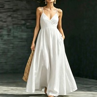 Robe longue nuisette en polyester pour femmes européennes et américaines, été 2026, col en V, dos nu, à bretelles, avec poches