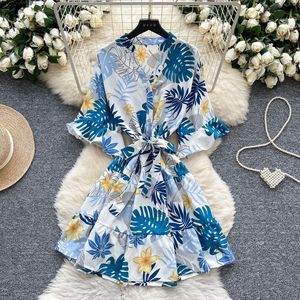 Robe d'été décontractée pour femme, style européen et américain, imprimée, col en V, silhouette crayon, manches 3/4 à volants, taille nouée, style <span class=keywords><strong>mature</strong></span> et affirmé - Product Image 4