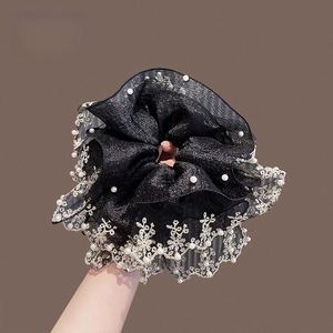 Coleteros Grandes de Encaje con Perlas, Elásticos y Suaves, Lazos para el Cabello de Estilo Francés para Mujeres y Niñas, Accesorios para el Cabello, Sujetador de Cola de Caballo - Product Image 1
