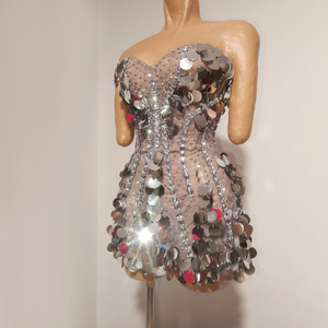 Abito <span class=keywords><strong>Mini</strong></span> Senza Spalline con Paillettes Argentate TianYi, Body con Corsetto in Cristallo, Costume da Showgirl per Spettacoli - Product Image 4