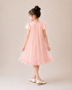 Robe en tulle rose pour filles, style A-line, avec manches bouffantes et volants, pour le printemps, style doux, longueur mini - Product Image 2