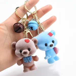 Cartoon vinyl bear flocking doll key chain pendant cute couple bag pendant car key ring gift