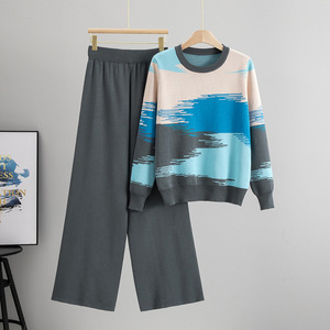 Ensemble 2 pièces chic personnalisé pour femme en jacquard tricoté : pull col rond et pantalon large longueur cheville, texture douce, tenue quotidienne coordonnée - Product Image 4