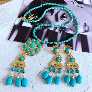long Electroplated 925 silver needle earrings vintage gold genuine turquoise stone pendant necklace jewelry set
