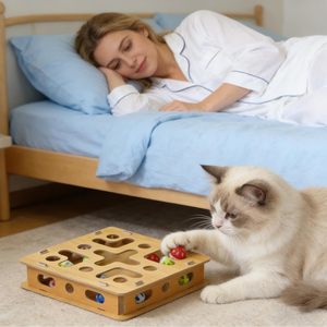 กล่องของเล่นแมว JQ Cat Wood พร้อมตะไบเล็บ กล่องปริศนาสำหรับแมว ตะไบเล็บพร้อมกระดิ่ง 2 ตัว สำหรับลูกแมว กระตุ้นการเล่น ข่วนเล่นในบ้าน - Product Image 5