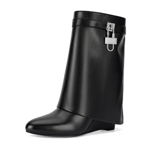 Botines de Mujer sin Cierres con Caña Ancha Plegable a Media Pantorrilla <span class=keywords><strong>Plataforma</strong></span> de Tiburón Tacón de Cuña Punta de Almendra y Candado - Product Image 2