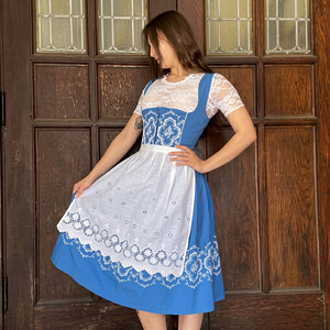 Women's Bavarian Style Dirndl <b>Dress</b> Blue White Lace A-Line Midi Short Sleeve Vintage Folk Costume With Embroidered Detail - Product Image 1
