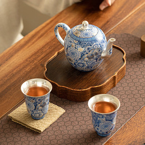 Hongjie <b>Tea</b> <b>Set</b> Teapot With Two Cups Blue Floral Design Traditional Chinese Style Luxury Retro Gift Box Office Use - Product Image 3