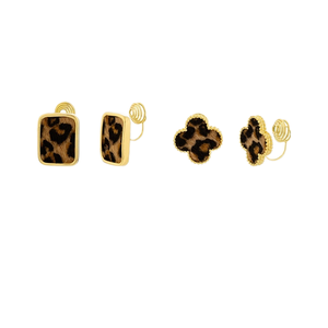 Pendientes de Clip Vintage, Simples y Elegantes, Chapados <span class=keywords><strong>en</strong></span> Oro de Alta Calidad, con Estampado de Leopardo, Trébol de Cuatro Hojas Cuadrado, Sin Agujeros - Product Image 1