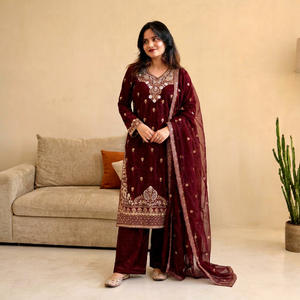 Shreeji Fashion SF20 Damen Kastanienbraunes Samt-Palazzo-Kostüm mit Stickerei und Dupatta Traditionelle Partykleidung Winter Schnelltrocknend Für Alle Jahreszeiten - Product Image 1