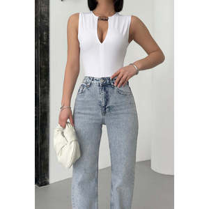 Jeans de Cintura Alta, Corte Recto, Estilo Casual Vintage, Pantalones de Mezclilla Ajustados y Acampanados, Talla 2XL/Lavado Oscuro - Product Image 3