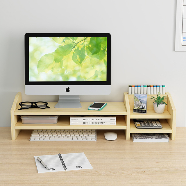 Hot Sale Wooden Heighten Shelf Rack W/ Storage Drawer, Monitor Stand Riser Computer Desk