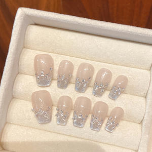 Conception #1763 fait à la main paillettes argent nu Style français couverture complète mariée <span class=keywords><strong>mariage</strong></span> court cercueil presse sur bling ongles diamant ongles - Product Image 2