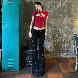 Slant Waistband Rivet Webbing Straight Trousers Patchwork Detail Street Fashion Hot Girl Elegant Flattering Unique Long <b>Pants</b> - Product Image 2