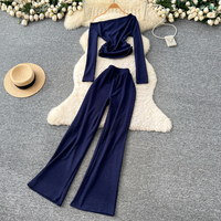Ensemble pantalon taille haute et haut court froncé à manches longues et épaules dénudées style Y2K pour femme – Tenue décontractée d'automne pour club