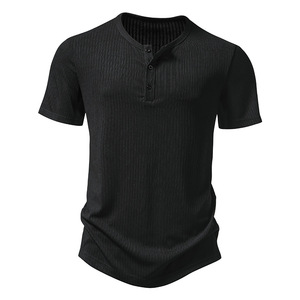 T-shirt da uomo girocollo a tre bottoni in maglia a costine, a maniche corte, tinta unita, sportiva, vestibilità ampia, per giovani, nuova collezione estate 2026, 100% cotone - Product Image 6