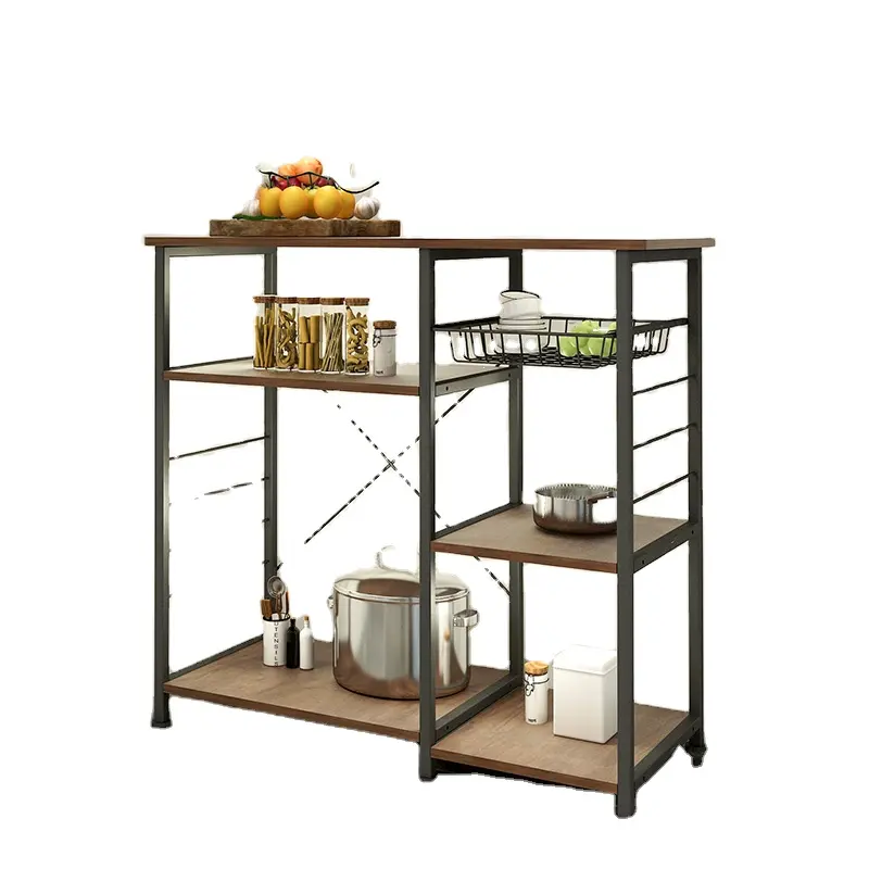 Kitchen Shelves Organizers Racks with Movable Basket Wooden Stand Storage Coffee Station Table for Home Kitchen
