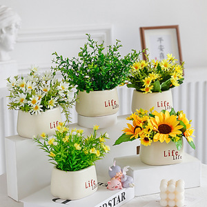 Fleurs artificielles Kch en plastique avec tournesols et verdure pour la décoration intérieure, ensemble de pots imprimés - Product Image 1