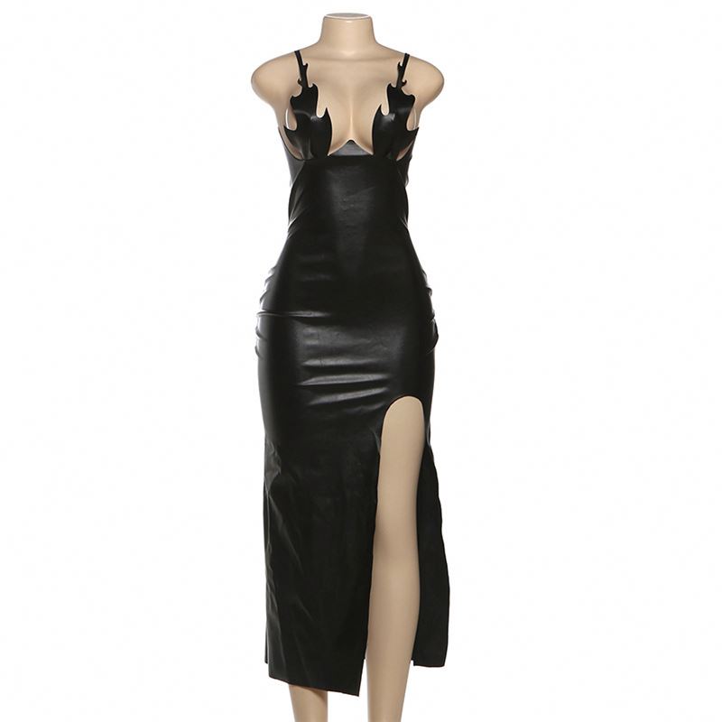 knee length dresses for ladies Asymmetrical Cold-Shoulder PU Leather Dress Burgundy / XL