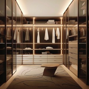 Cabina Armadio Balom su Misura Stile Italiano, Beige Legno Scuro, con Area Appendiabiti Aperta, per Appartamento e Camera da Letto - Product Image 4