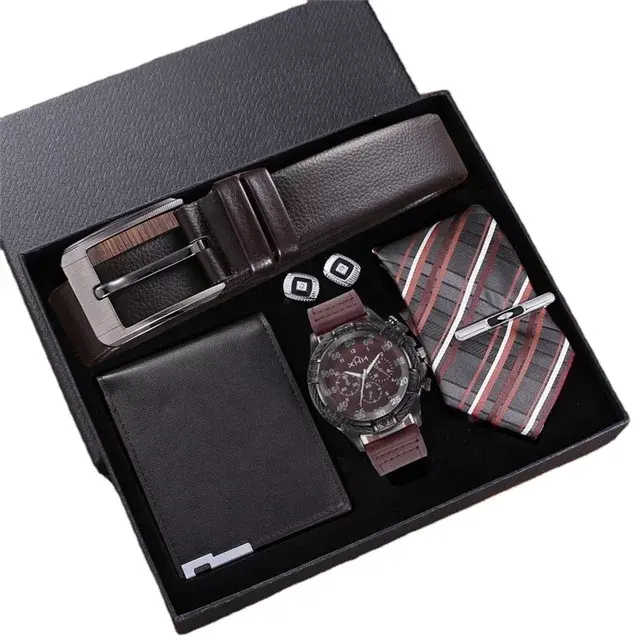 5pcs/set boutique gift set for Men's gift set Belt + wallet + tie + large dial quartz watch + cufflinks Father's Day Gift